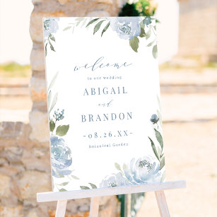 Romantic dusty blue floral wedding welcome sign
