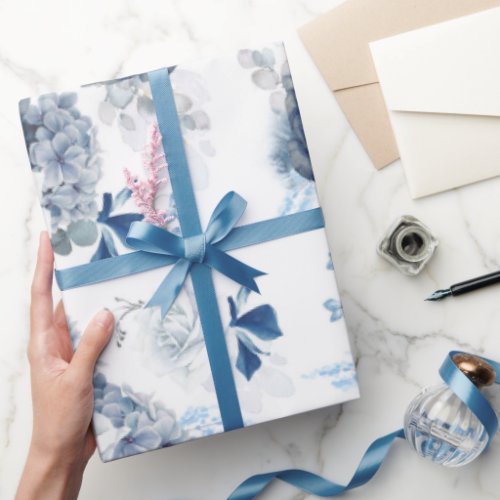 Romantic Dusty Blue Flowers Elegant Modern Wrapping Paper