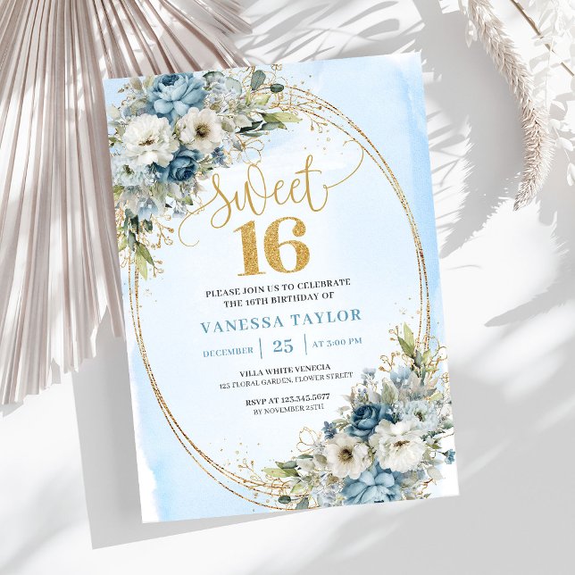 Romantic Dusty Blue Flowers Sweet Sixteen Invites (Romantic Dusty Blue Flowers Sweet Sixteen Invitation)