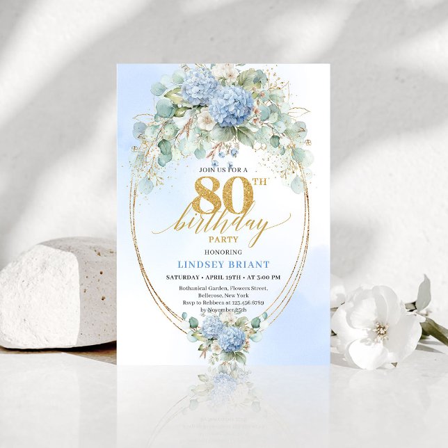 Romantic Dusty Blue Garden 80th Birthday Invite (Romantic Dusty Blue Garden 80th Birthday Invitation)