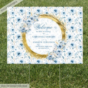 Romantic dusty blue gold boho wedding welcome sign
