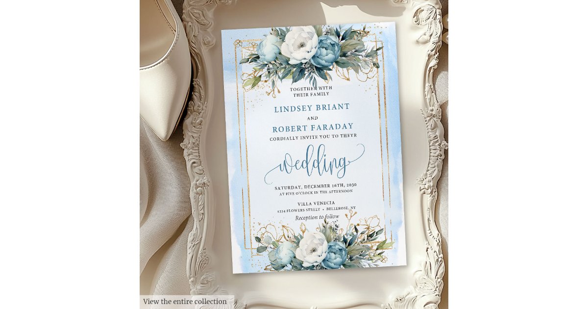 Romantic Dusty Blue Gold Floral Wedding Invitation | Zazzle