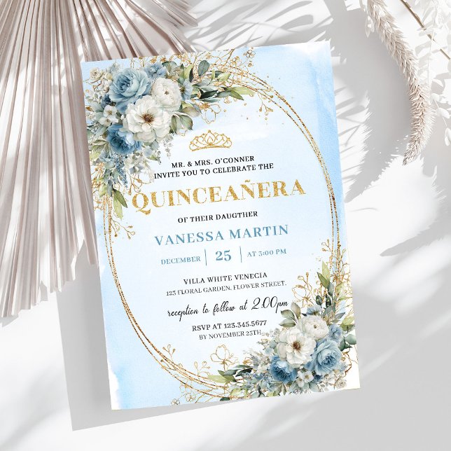 Romantic Dusty Blue Gold Greenery Quince Invites (Romantic Dusty Blue Gold Greenery Quince Invitation)