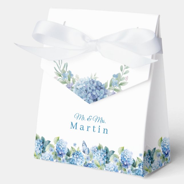Romantic Dusty Blue Hydrangea Watercolor Wedding Favor Boxes (Front)