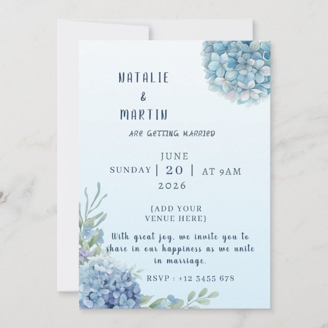Romantic Dusty Blue Hydrangea Watercolor Wedding  Invitation (Front)