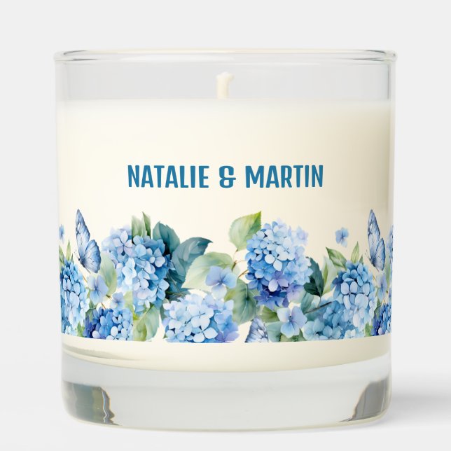 Romantic Dusty Blue Hydrangea Watercolor Wedding  Scented Candle (Front)