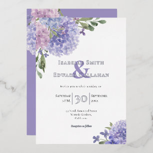 Romantic Dusty Blue & Lilac Watercolor Hydrangeas Foil Invitation