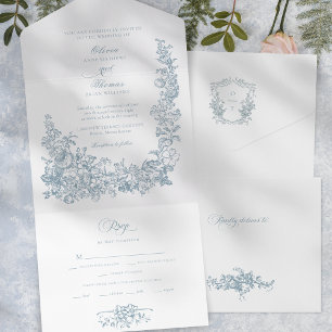 Romantic Dusty Blue Line Art Floral Wedding All In One Invitation