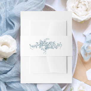 Romantic Dusty Blue Line Art Floral Wedding Invitation Belly Band