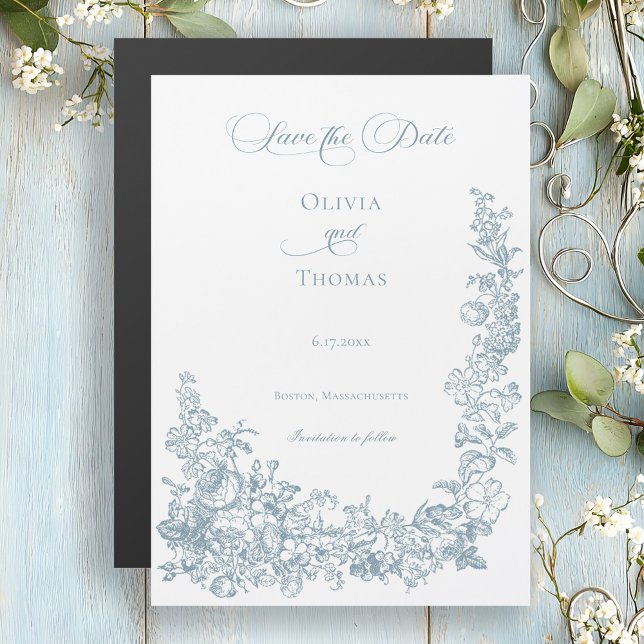 Romantic Dusty Blue Line Art Floral Wedding Magnetic Invitation (Creator Uploaded)