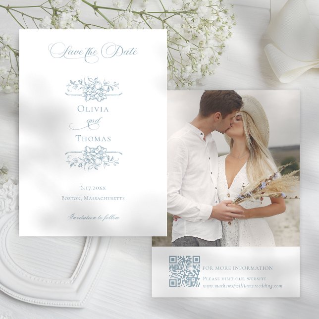 Romantic Dusty Blue Line Art Floral Wedding Save The Date (Creator Uploaded)