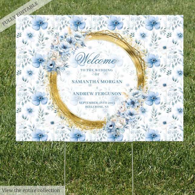 Romantic dusty blue pastel gold horizontal yard  sign (Romantic dusty blue pastel gold horizontal yard Sign)