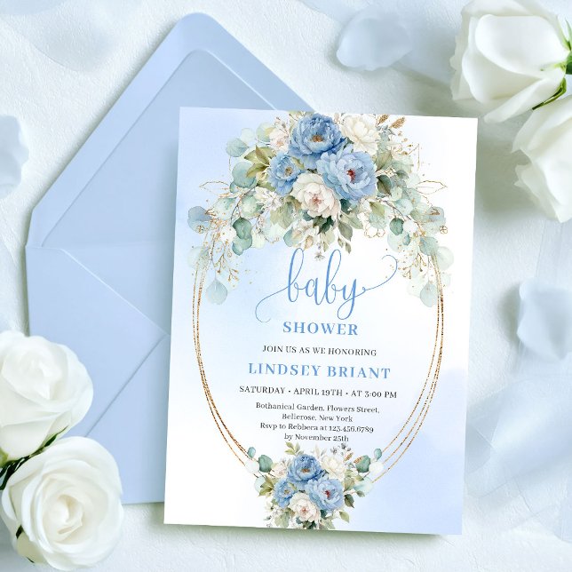 Romantic Dusty Blue Peonies Eucalyptus Gold Shower Invitation (Romantic Dusty Blue Peonies Eucalyptus Shower Invite

)