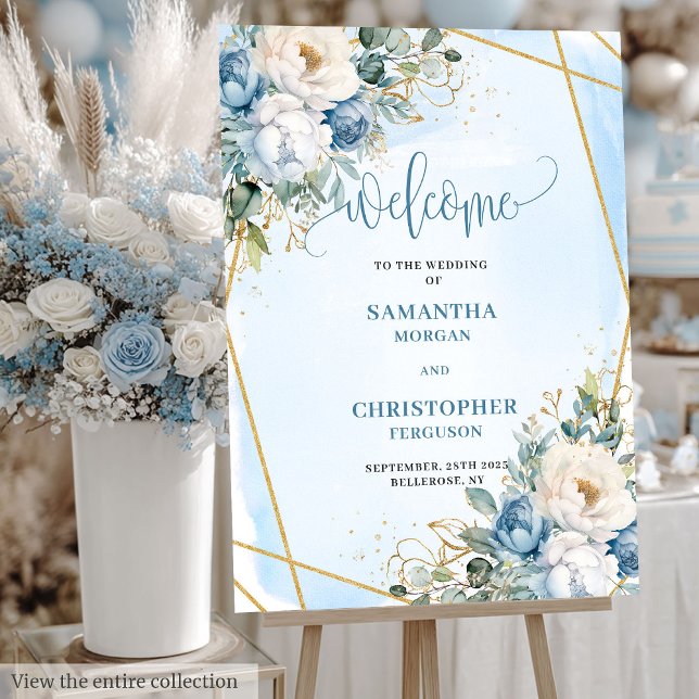 Romantic Dusty Blue Peonies Gold Glitter Wedding  Foam Board (Romantic Dusty Blue Peonies Gold Glitter Wedding Sign)