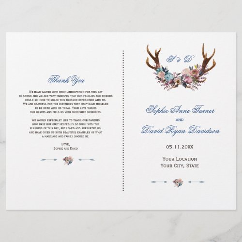 Romantic Dusty Blue Pink Floral Antlers Program Flyer