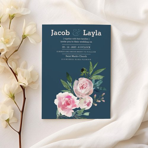 Romantic dusty blue pink peony floral wedding invitation