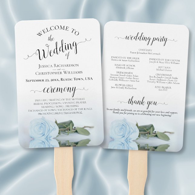Romantic Dusty Blue Rose Elegant Wedding Program Hand Fan (Front/Back)