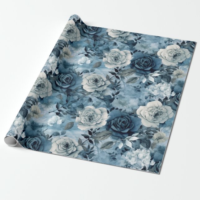 Romantic Dusty Blue Roses Wrapping Paper (Unrolled)