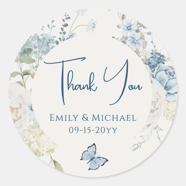 Romantic Dusty Blue Thank You Floral Wedding Classic Round Sticker (Front)
