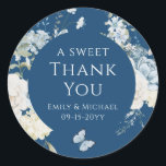 Romantic Dusty Blue Thank You Floral Wedding Classic Round Sticker<br><div class="desc">Romantic Dusty Blue Watercolor Floral Thank You Wedding Stickers features dusty blue celeste and delphinium flowers with eucalyptus greenery accented with butterflies. Add your custom text in elegant modern calligraphy script. Add to wedding favors, gift bags and more. More sizes and shapes available. Designed for you by Evco Studio www.zazzle.com/store/evcostudio...</div>