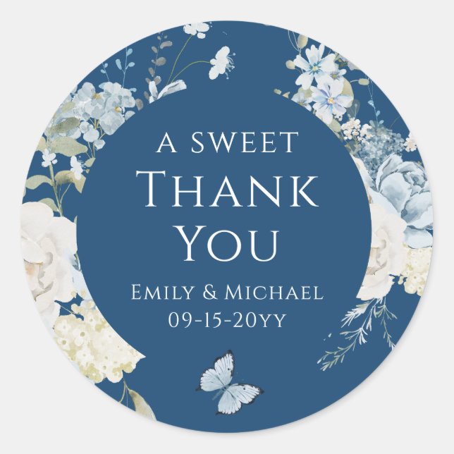 Romantic Dusty Blue Thank You Floral Wedding Classic Round Sticker (Front)