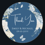 Romantic Dusty Blue Thank You Floral Wedding Classic Round Sticker<br><div class="desc">Romantic Dusty Blue Watercolor Floral Thank You Wedding Stickers features dusty blue celeste and delphinium flowers with eucalyptus greenery accented with butterflies. Add your custom text in elegant modern calligraphy script. Add to wedding favors, gift bags and more. More sizes and shapes available. Designed for you by Evco Studio www.zazzle.com/store/evcostudio...</div>