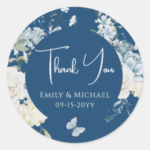 Romantic Dusty Blue Thank You Floral Wedding Classic Round Sticker