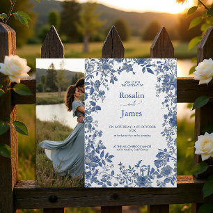 Romantic Dusty Blue Toile Floral Photo Wedding Invitation