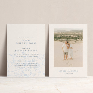 Romantic Dusty Blue Vintage Floral Photo Wedding Invitation