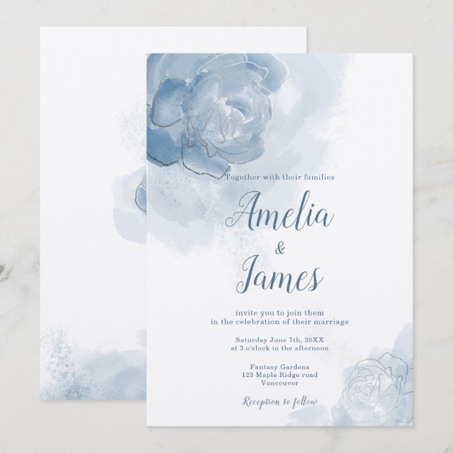 Romantic Dusty Blue Watercolor Floral Invitation (Front/Back)