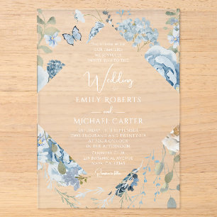 Romantic Dusty Blue Watercolor Floral Wedding Acrylic Invitations