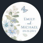 Romantic Dusty Blue Watercolor Floral Wedding Classic Round Sticker<br><div class="desc">Romantic Dusty Blue Watercolor Floral Wedding Stickers features dusty blue celeste and delphinium flowers with eucalyptus greenery accented with butterflies. Add your custom text in elegant modern calligraphy script. Add to wedding favors, invitation envelope seals, gift bags and more. More sizes and shapes available. Designed for you by Evco Studio...</div>