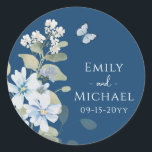 Romantic Dusty Blue Watercolor Floral Wedding Classic Round Sticker<br><div class="desc">Romantic Dusty Blue Watercolor Floral Wedding Stickers features dusty blue celeste and delphinium flowers with eucalyptus greenery accented with butterflies. Add your custom text in elegant modern calligraphy script. Add to wedding favors, invitation envelope seals, gift bags and more. More sizes and shapes available. Designed for you by Evco Studio...</div>