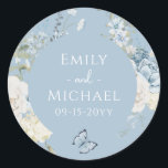 Romantic Dusty Blue Watercolor Floral Wedding Classic Round Sticker<br><div class="desc">Romantic Dusty Blue Watercolor Floral Wedding Stickers features dusty blue celeste and delphinium flowers with eucalyptus greenery accented with butterflies. Add your custom text in elegant modern calligraphy script. Add to wedding favors, invitation envelope seals, gift bags and more. More sizes and shapes available. Designed for you by Evco Studio...</div>