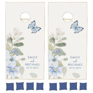 Romantic Dusty Blue Watercolor Floral Wedding Cornhole Set