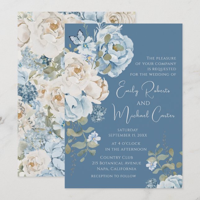 Romantic Dusty Blue Watercolor Floral Wedding Invitation (Front/Back)