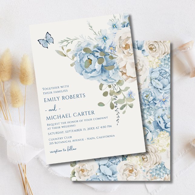 Romantic Dusty Blue Watercolor Floral Wedding Invitation (Creator Uploaded)