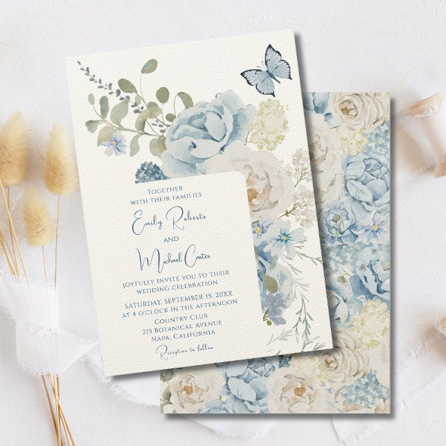 Romantic Dusty Blue Watercolor Floral Wedding Invitation (Creator Uploaded)