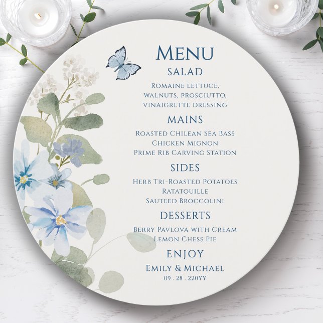 Romantic Dusty Blue Watercolor Floral Wedding Menu (Creator Uploaded)