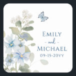 Romantic Dusty Blue Watercolor Floral Wedding Square Sticker<br><div class="desc">Romantic Dusty Blue Watercolor Floral Wedding Stickers features dusty blue celeste and delphinium flowers with eucalyptus greenery accented with butterflies. Add your custom text in elegant modern calligraphy script. Add to wedding favors, invitation envelope seals, gift bags and more. More sizes and shapes available. Designed for you by Evco Studio...</div>