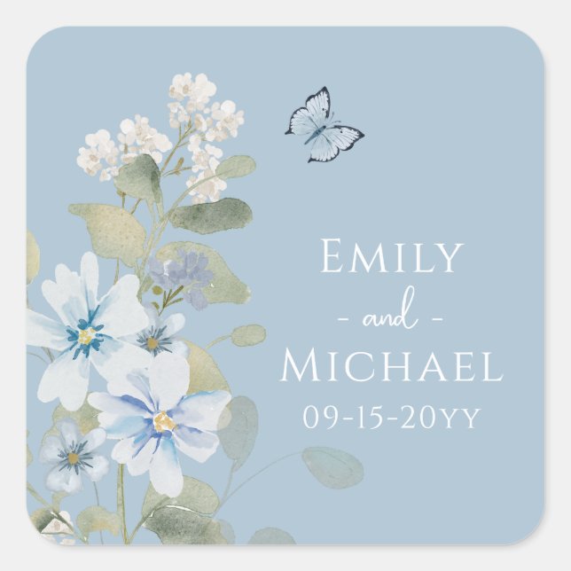 Romantic Dusty Blue Watercolor Floral Wedding Square Sticker (Front)