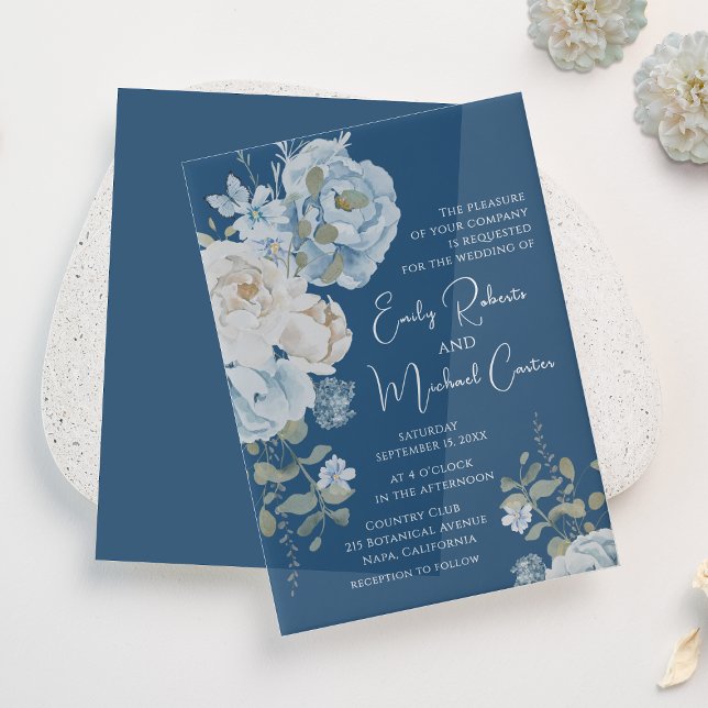 Romantic Dusty Blue Watercolor Floral Wedding Vellum Invitations (Creator Uploaded)