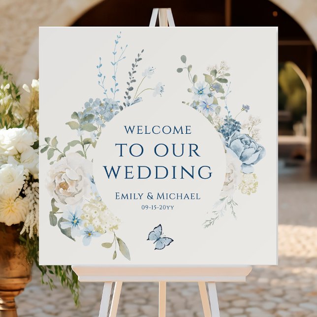 Romantic Dusty Blue Welcome Floral Wedding Foam Board (Creator Uploaded)
