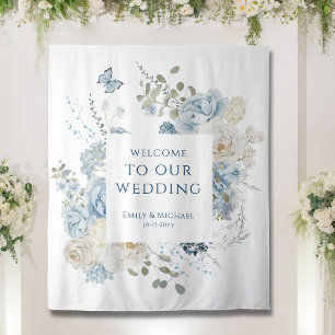 Romantic Dusty Blue Welcome Floral Wedding Tapestry