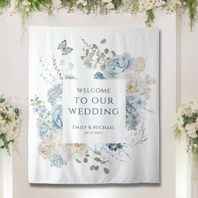 Romantic Dusty Blue Welcome Floral Wedding Tapestry (Creator Uploaded)