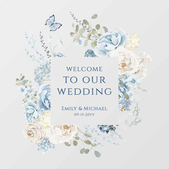 Romantic Dusty Blue Welcome Floral Wedding Window Cling (Sheet)
