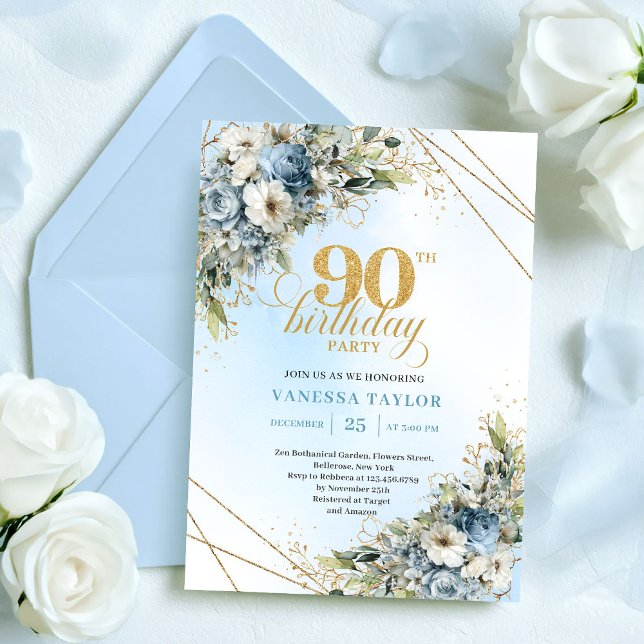 Romantic Dusty Blue White Floral 90th Birthday Invitation (Romantic Dusty Blue White Floral 90th Birthday

)