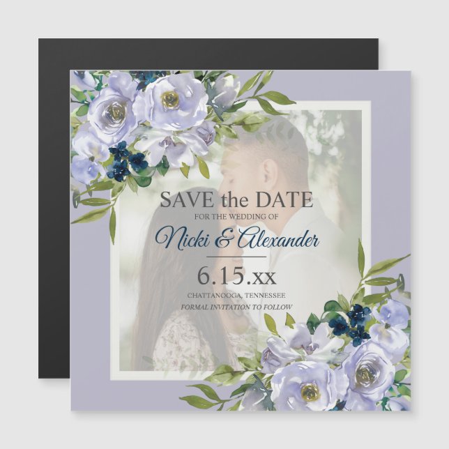 Romantic Dusty Blue White Floral Photo Save Date Magnetic Invitation (Front/Back)