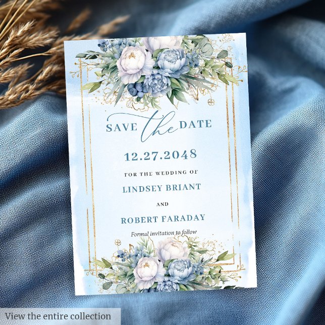 Romantic Dusty Blue White Gold Peonies Save Date Invitation (Romantic Dusty Blue White Gold Peonies Save The Date)