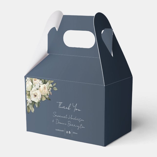 Romantic Dusty Blue White Roses Wedding Favor Boxes (Front Side)